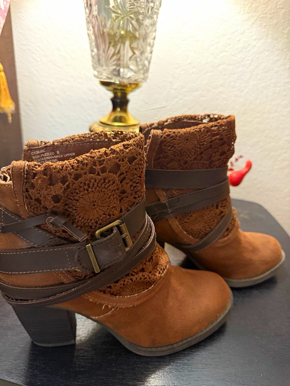 Sugar Puzzle Brown Ankle Bootie Women 8 Textile Block Heel Buckle Zip CT2630C